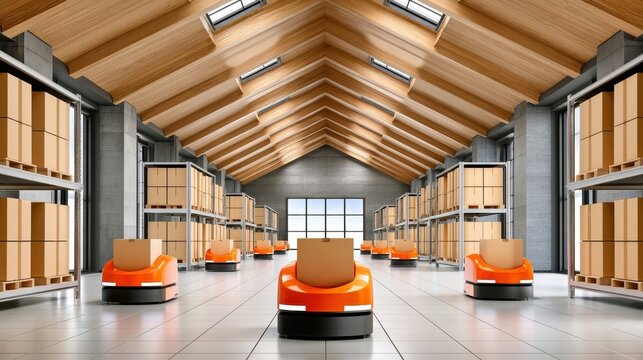 Automated fulfillment warehouse with orange autonomous robots transporting boxes in modern logistics center