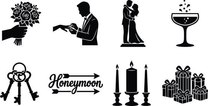 Wedding ceremony and honeymoon event icon collection with black vector silhouettes isolated on white background