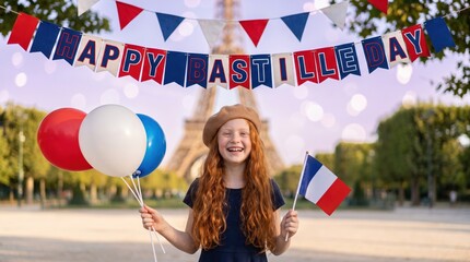 Smiling redheaded girl wearing a beret holding red white and blue balloons and a french flag in front of the eiffel tower with a happy bastille day bunting banner hanging above