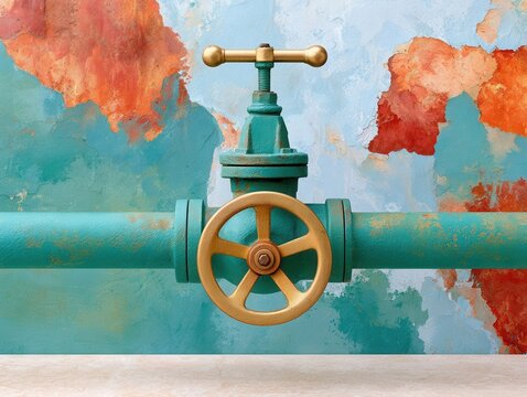 Weathered industrial gate valve with peeling paint and colorful textured wall background