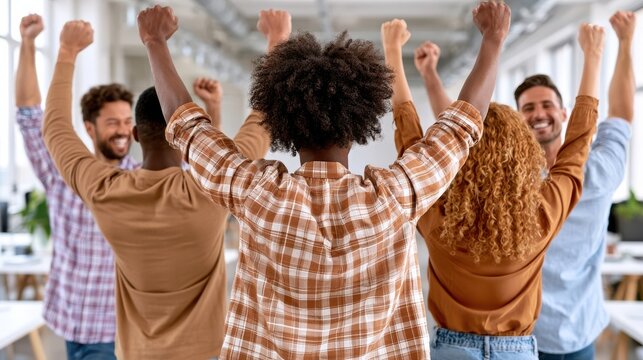 Multicultural office team celebrating success together with raised arms and joyful smiles