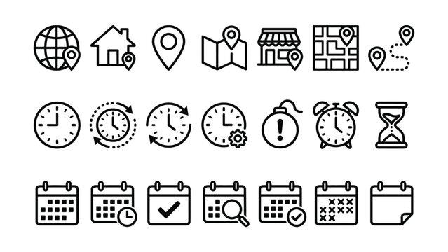 Black line icons of clocks calendars and maps on transparent background for business and organization concept