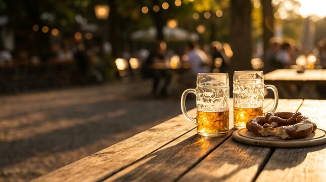Two mugs of golden beer and a fresh pretzel in a sunny beer garden