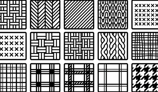 Fabric texture line icons vector set textile weaving patterns black and white