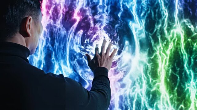 Man in black turtleneck touches a glowing, multicolored energy field. His touch creates a ripple effect on the interactive surface, highlighting the vibrant, liquid-like digital display.
