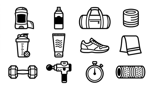 Mens sport grooming icons vector set bold line art active deodorant elements black and white