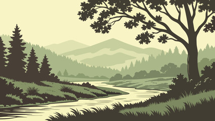Freshwater River Valley Flat Vector Landscape © Nayon Chandro Barmon