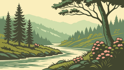 Freshwater River Valley Flat Vector Landscape © Nayon Chandro Barmon