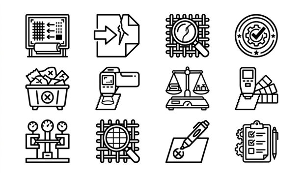 Fabric defect inspection icons vector set bold line art textile quality assurance