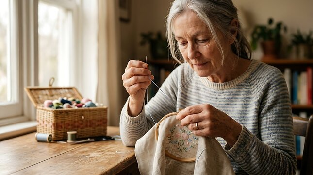 Senior woman hand embroidering floral pattern at home