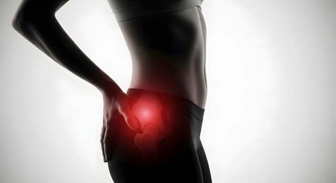 Female silhouette with hip pain, red spot indicating injury or discomfort. Medical, health, and wellness concept.