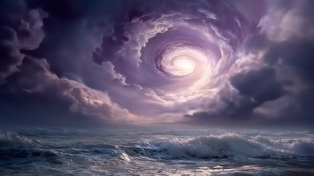 Turbulent ocean surface beneath swirling vortex of purple storm clouds