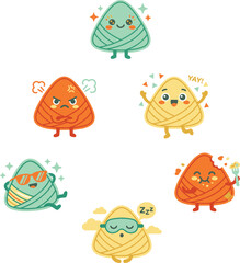 Fototapeta premium Cute Kawaii Rice Dumpling Character Emotions Set Flat Vector Illustration, Cartoon Onigiri Mascot Collection with Different Expressions