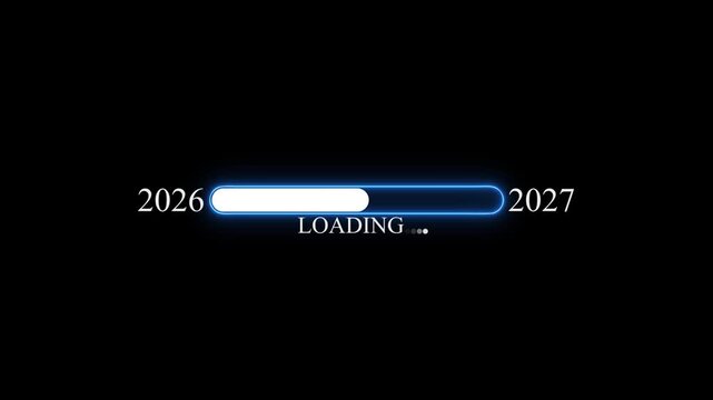 New Year 2027 loading bar animation showing the transition from 2026 to 2027, with a smooth progress bar moving toward the New Year milestone on a black background.4k animation video