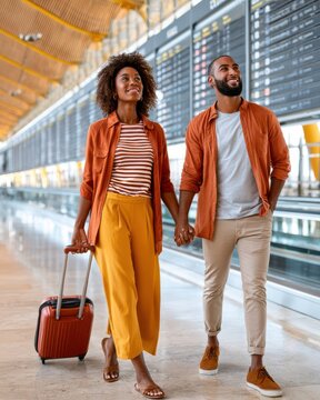 Happy couple walking through modern airport terminal holding hands with suitcase and departure board