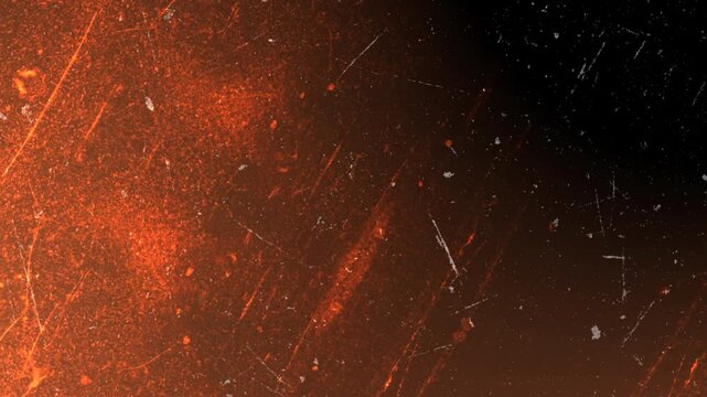 Dynamic fiery orange light leaks illuminate a textured pitch-black background scattered with chaotic white scratches and microscopic dust particles, simulating the nostalgic aesthetic of old film art