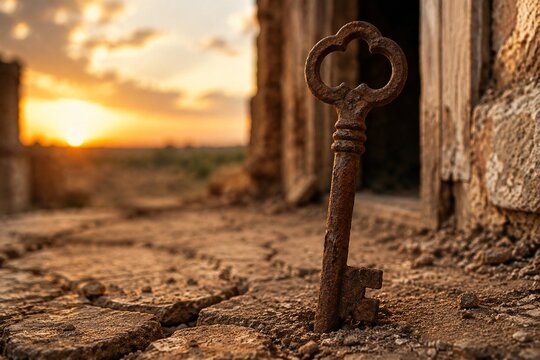 Heavily rusted old key stuck upright in dry, cracked earth under golden hour light.