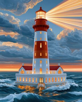 Massive futuristic lighthouse beacon guiding ships through stormy ocean waves at dramatic sunset skyline