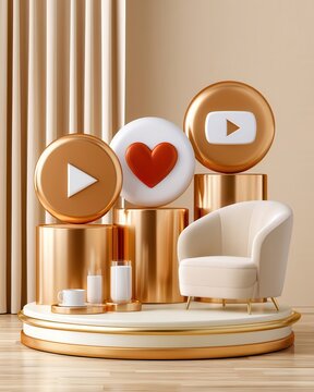 Minimal gold platform with social media play and heart icons for content creators and branding