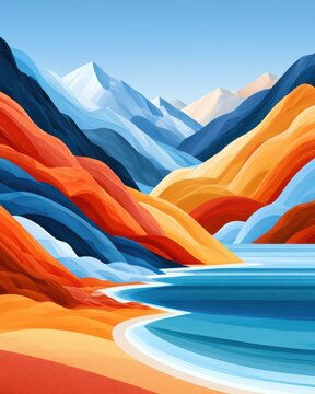 Minimal colorful mountain landscape with lake and stylized translucent peaks in vibrant palette