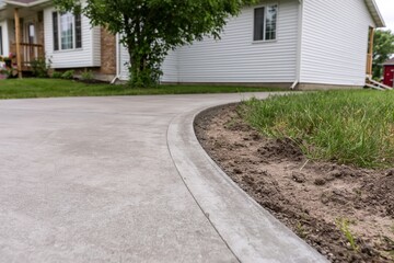 Fototapeta premium The Curved Driveway Framing a Quiet Suburban Home Entrance with Landscaping