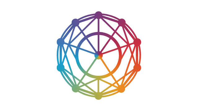 Rainbow colored geometric sphere with connected lines and nodes  abstract network symbol