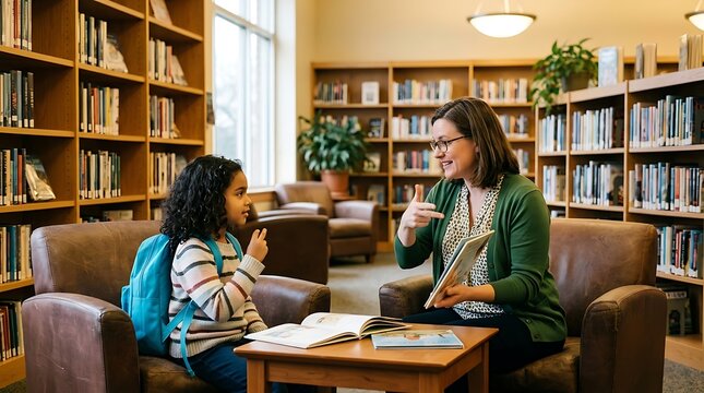 Teacher and young girl using sign language in a library setting