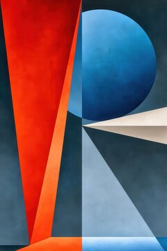 Abstract geometric composition with bold red triangle and blue circle, modern textured shapes and contrast