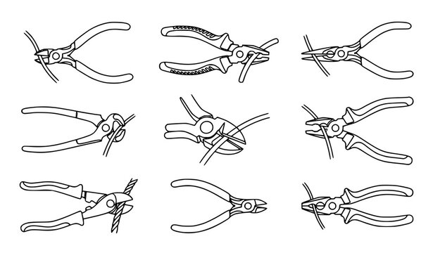 Single Line Wire Cutting Pliers Vector Collection Minimal Mechanical Tool Set