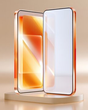 Transparent futuristic smartphone mockup standing on platform with glowing orange display and reflections