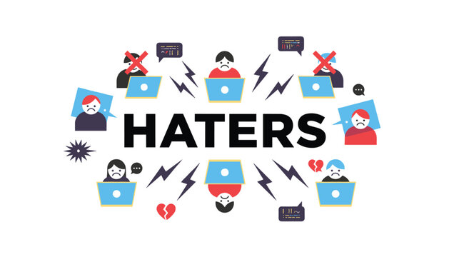 Cyber bullying and social media haters posting negative comments online, showing sad computer users with cross marks and broken hearts.