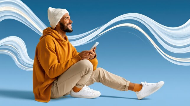 Smiling traveler using mobile phone with holographic route graphics and casual hoodie style