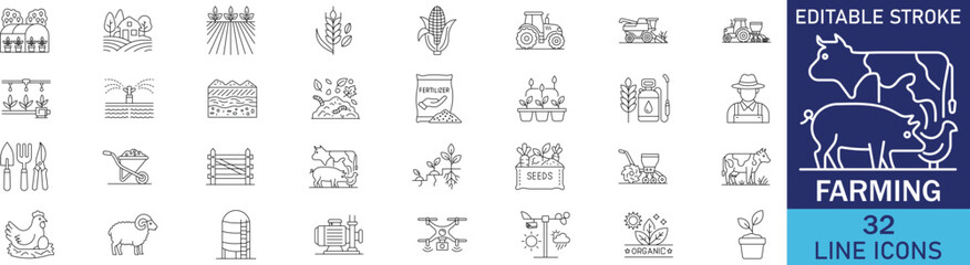 Agriculture farming and organic cultivation industry line icon set. Vector symbols for smart farm tractor, eco crop harvest, livestock breeding, countryside greenhouse, and rural production. © MD