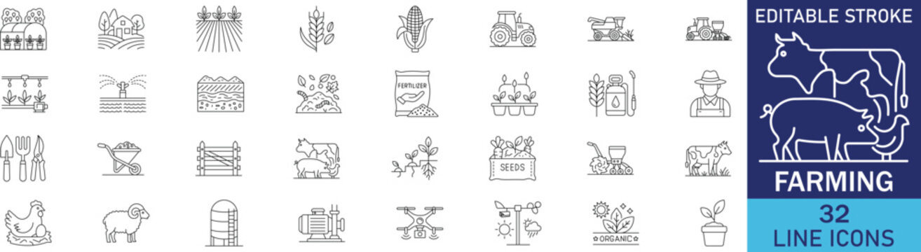Agriculture farming and organic cultivation industry line icon set. Vector symbols for smart farm tractor, eco crop harvest, livestock breeding, countryside greenhouse, and rural production.