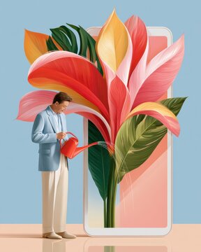 Young entrepreneur watering a giant exotic flower growing from a smartphone to represent business growth