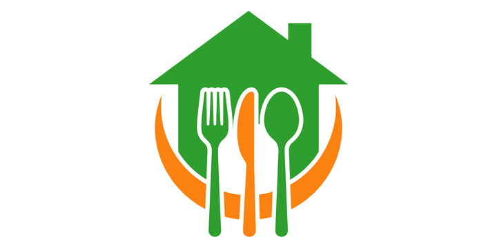 House icon with cutlery symbol representing dining at home isolated on transparent background
