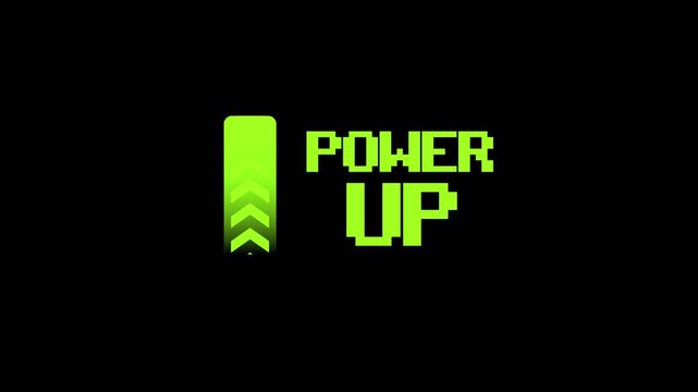 Bright green arrow up displaying POWER UP text animation isolated on black background