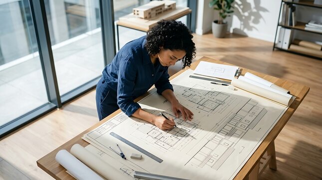 Female architect reviewing floor plans in a sunlit office studio