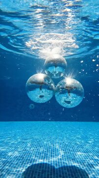 Floating Mirrored Disco Balls Submerged in Bright Blue Swimming Pool Refracting Sunlight on Tiled Floor