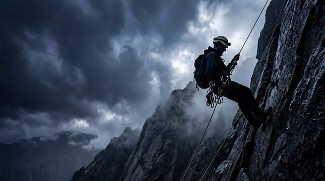 Mountain climber rappelling down a steep rock face in stormy weather
