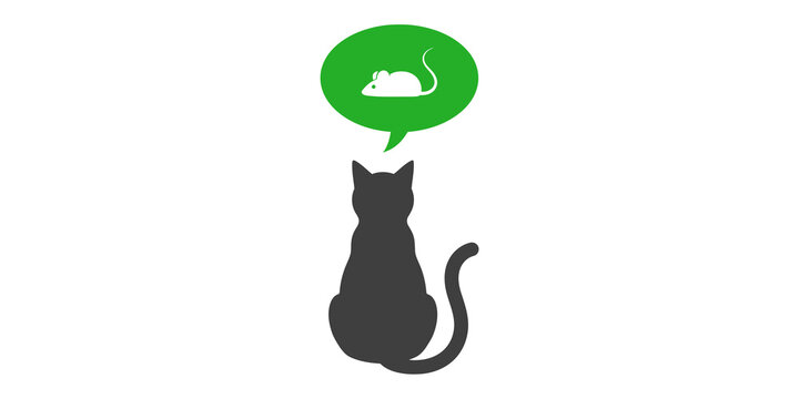 Silhouette of a cat looking at a mouse on transparent background