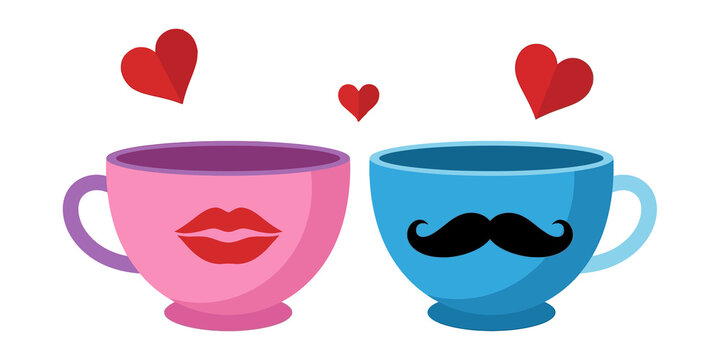 Romantic coffee mugs with lip and mustache graphics and red hearts isolated on transparent background