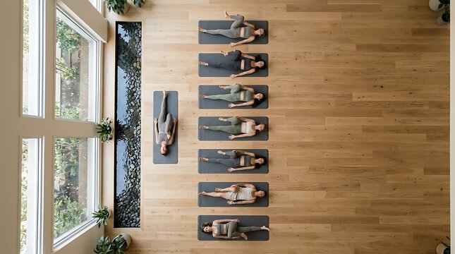 Overhead view of women practicing yoga in a modern wellness studio