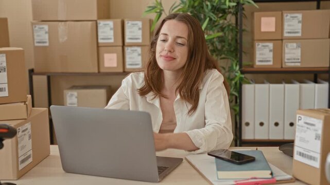 Woman smiling with hands clasped under chin at laptop and packages on desk inside a building; entrepreneurial confidence success.