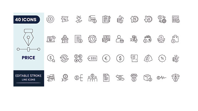 Price and Finance Icon Set in Outline Style &ndash; Collection of Discount, Invoice, Cash Flow, Currency, and Payment Icons, Editable Stroke Vector