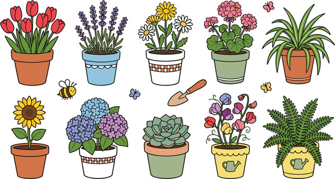 Potted Garden Flowers and Houseplants Clipart Set with Tulip, Lavender, Hydrangea, Sunflower, and Fern Elements for Spring Botanical Graphic Designs
