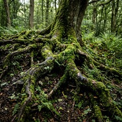 Obraz premium Intricate moss-covered tree roots sprawling across a lush forest floor in an old-growth woodland