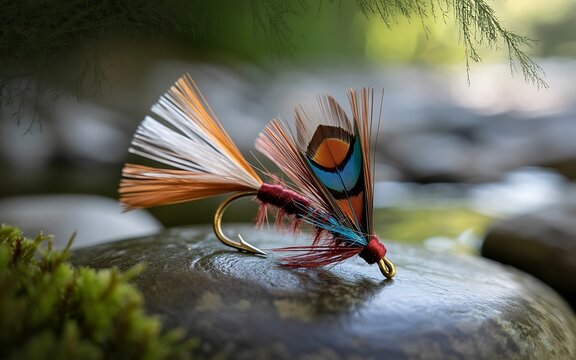 Intricate handmade fly fishing lure colorful peacock feather photo