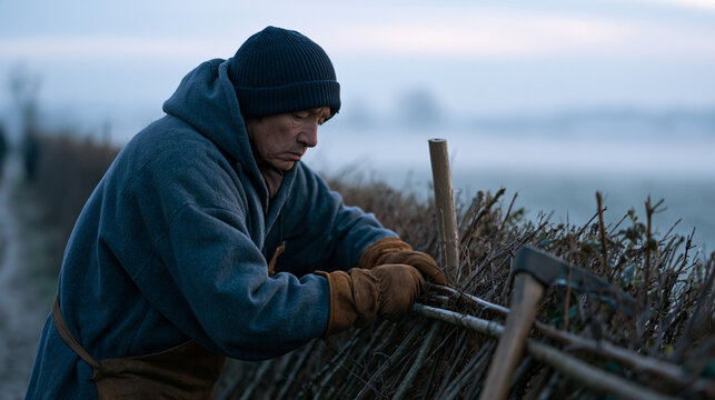 Sami hedge layer in a frost-touched countryside lane methodically pleaching hazel stems along a traditional laid boundary hedge, billhook resting against a stake beside him, early