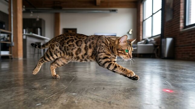 Spotted bengal cat pouncing on a red laser pointer in a loft